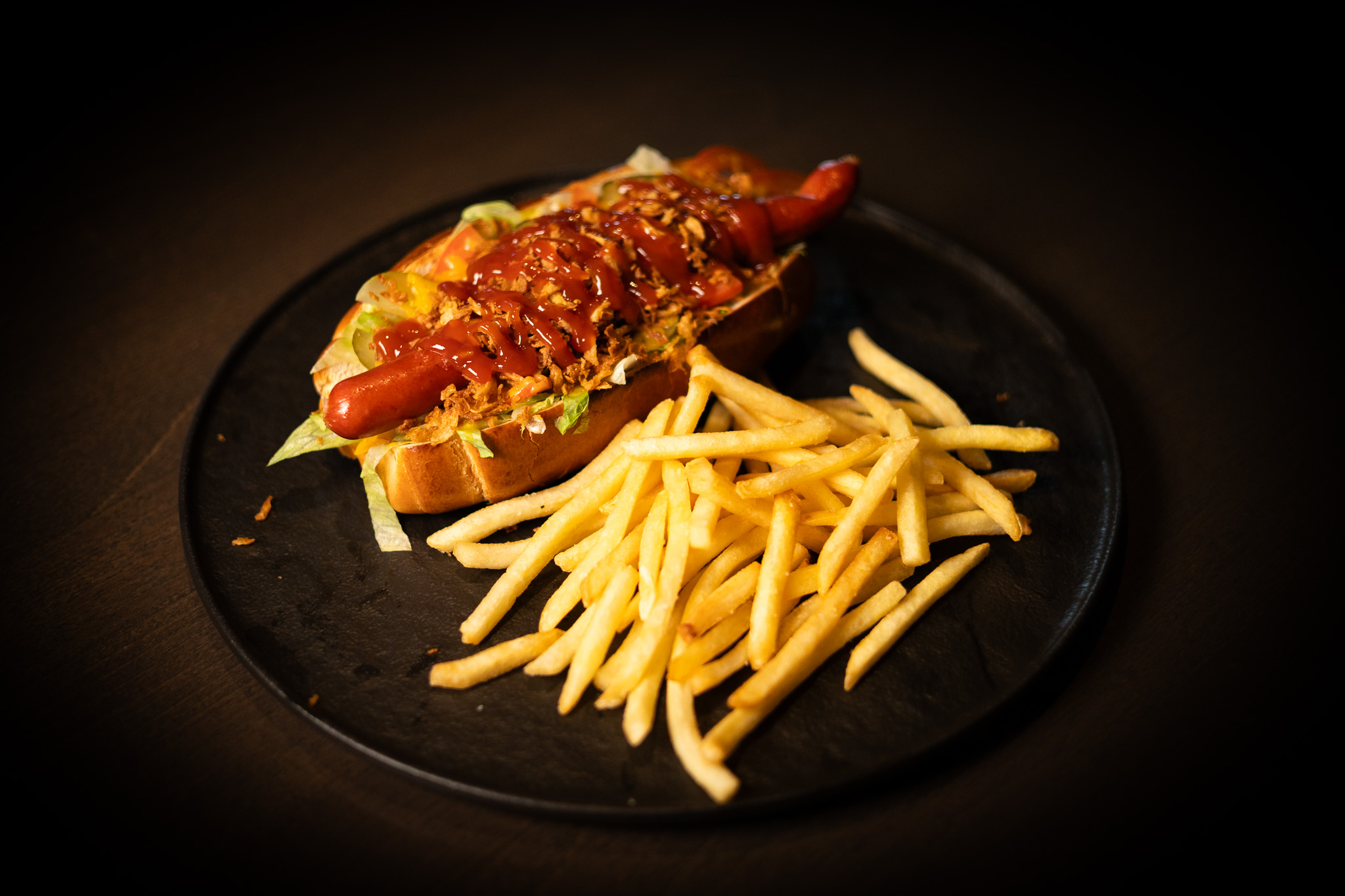 Chicago-style hot dog with fries