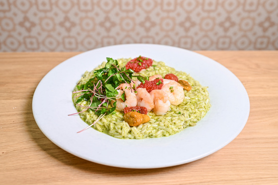 RISOTTO EL PESTO ALLA GENOVESE, GAMBERI MARINATI